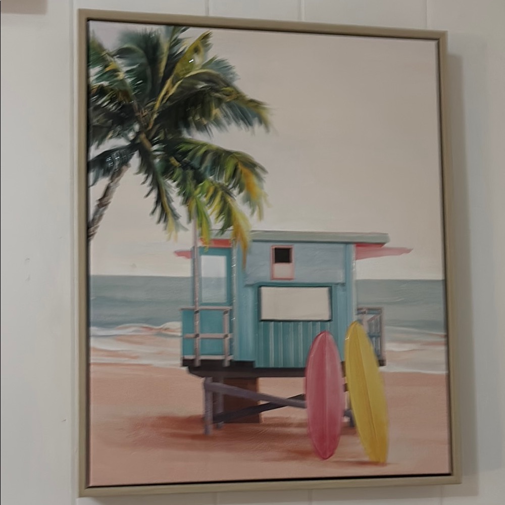 Beach Scene Wall Art with Palm Tree and Surfboards